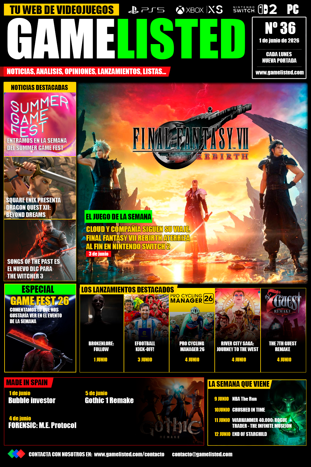 Portada de Summer Game Fest, Final Fantasy VII Rebirth en Switch 2 y el regreso de The Witcher 3.