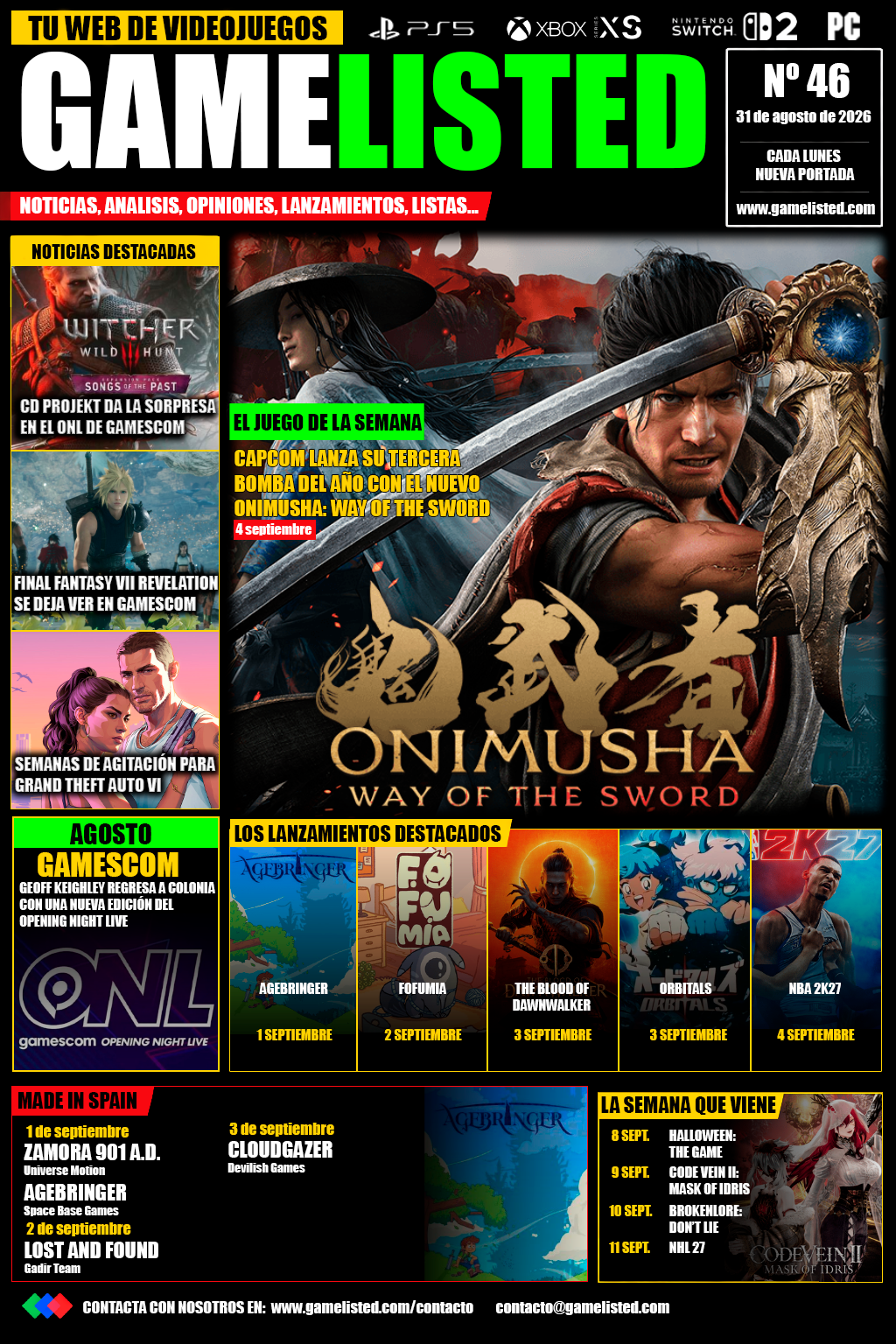 Portada de Onimusha, The Witcher 3 y GTA VI ponen el broche al verano.