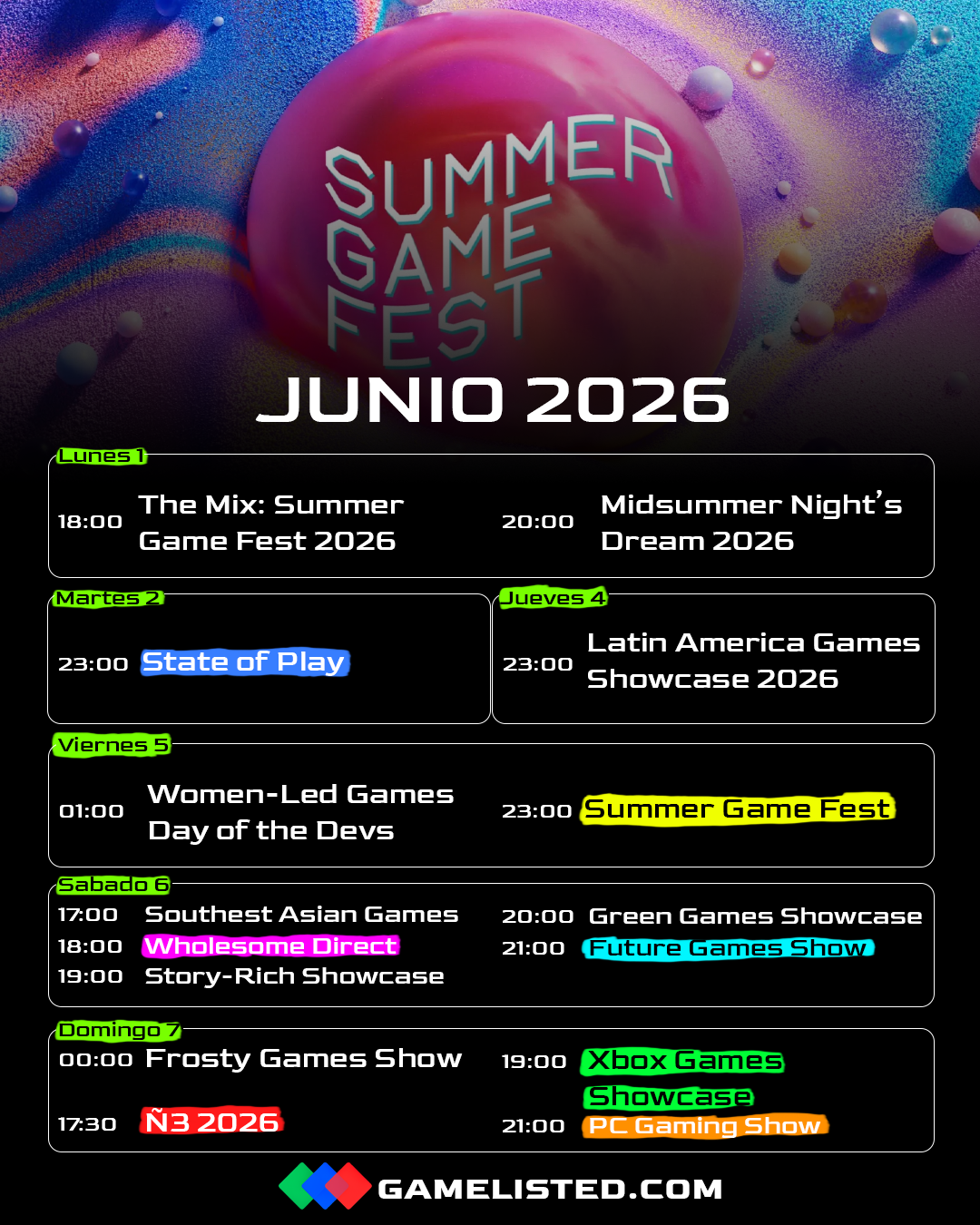 Portada de Horarios del Summer Game Fest 2026: todas las conferencias y eventos de la semana.